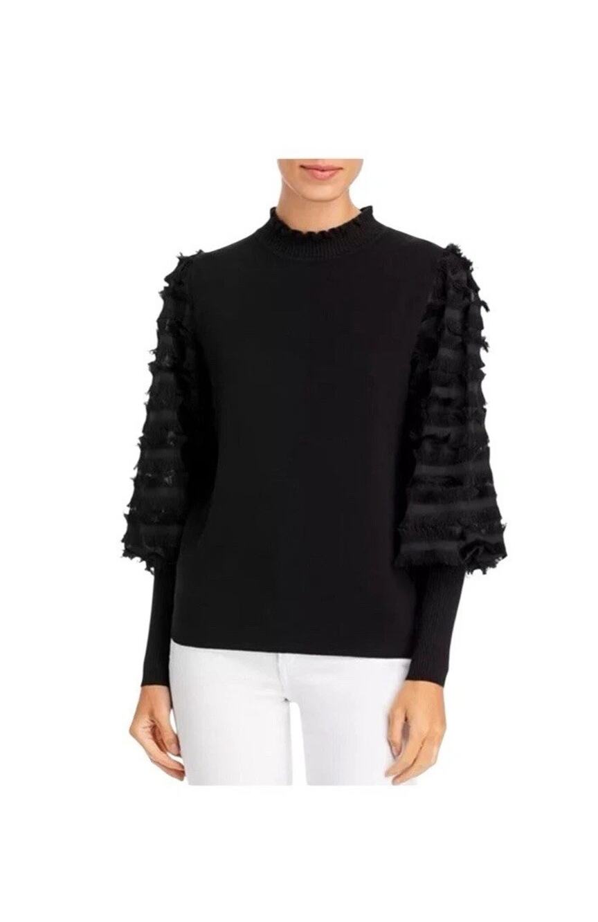 $125 Women’s Large Sioni Milano Black Sheer Tassel Fringe Long Sleeve Sweater